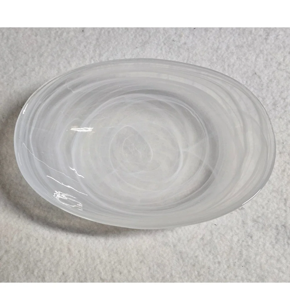 White Alabaster Swirl Art Glass Oval Serving Bowl Centerpiece 8.5 Inch